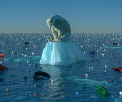 Sad polar bear on dwindling chunk of ice, with trash in the water